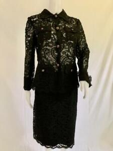 MONIQUE LHUILLIER Black Cotton Blend LACE Scallop Edge Skirt SUIT US Made Sz US6