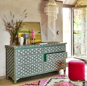 Kommode mit Knochenintarsien 6 Schubladen grün, Sideboard mit Knochenintarsien grün, Knochenintarsien - Bild 1 von 5