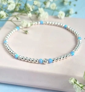 OPAL fire blue 925 Sterling Silver beaded Stretch Bracelet Birthstone October - Picture 1 of 7
