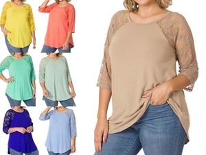 1X 2X 3X Round or V Neck Lace 3/4 Sleeve Round Curved Hem Soft Stretch Rayon Top - Picture 1 of 19