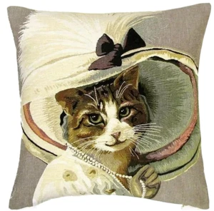ANTHROPOMORPHIC BELLE EPOQUE CAT 18" BELGIAN TAPESTRY CUSHION COVER, 2147B - Picture 1 of 6