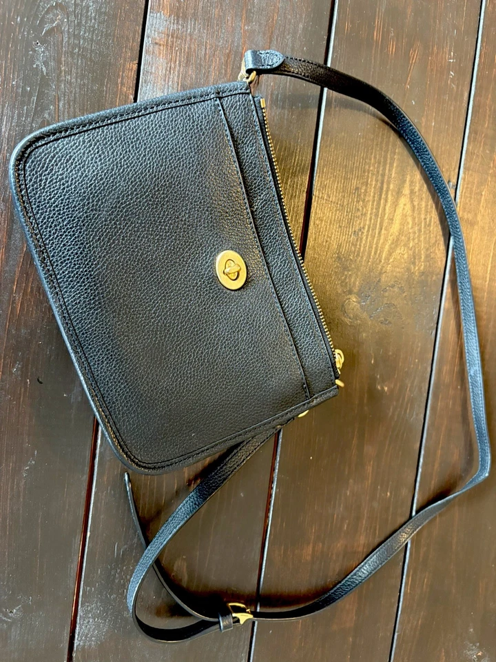Coach Black Pebble Leather 2 Zip Compartments SLIM TURNLOCK CROSSBODY Bag - Image 1 of 4