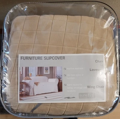 Sure Fit Stretch Squares Tan One Piece Loveseat Slipcover  - Image 1 of 3