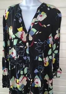 Josie Natori Sz XL Rayon Black Floral Nightshirt Button Up Roll Tab Sleeves EUC - Picture 1 of 11