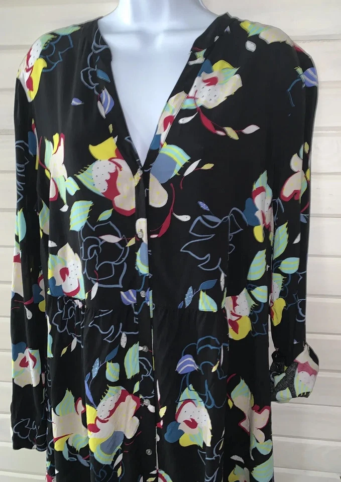 Josie Natori Sz XL Rayon Black Floral Nightshirt Button Up Roll Tab Sleeves EUC - Image 1 of 4