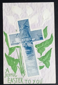 A Joyful Easter Calla Lilies Postcard Embossed c1910s Flowers Cross Windmill - Picture 1 of 2