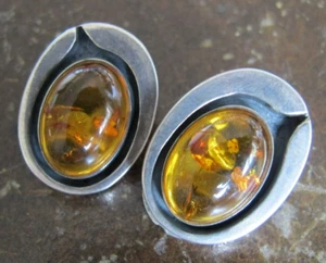Vintage 1960's Stunning Amber Resin Sterling Silver Clip on Earrings (#00272) - Picture 1 of 23