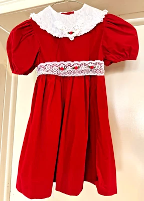 Vintage Rose Cottage Red Velvet & White Lace Girl 6 Holiday Poofy Party Dress - Image 1 of 4