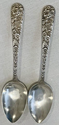 Pair 2 Vtg. Sterling Silver Kirk & Sons Repousse Serving Spoons 8 3/8” NO MONO Cover