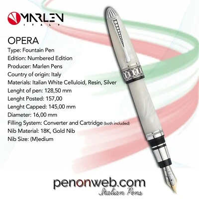 Pluma Estilográfica Marlen Opera | Celuloide Blanco, Plata, Oro 18K Plumín | Entumecido Ed. Foto 1 de 4