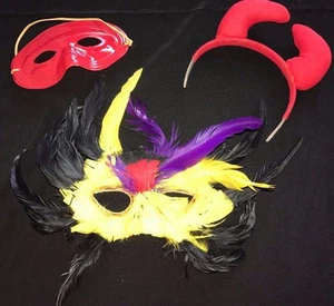 3 PC LOT HALLOWEEN FACE FEATHERS EYE MASK RED DEVIL HORNS HEADBAND OLDER STYLE N - Picture 1 of 1