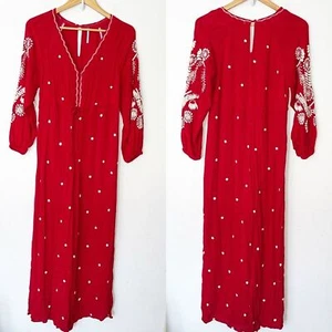 Free People Jumpsuit Sz XS Red Embroidered Wide Leg V-neck Bohemian Vacation - Picture 1 of 16