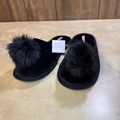 Victoria's Secret Black Velvet Furry Pom Pom Slipper - Large (9-10) NEW - Image 1 of 4