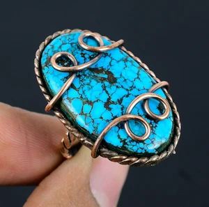 Tibetan Turquoise Handmade Gemstones Copper Wire Wrapped Amazing Jewelry Ring - Picture 1 of 5