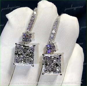 4Ct Princess Lab Created Diamond Drop/Dangle Earrings 18K White Gold FN For Her - Picture 1 of 4