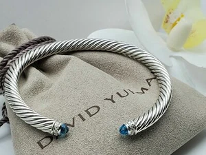 David Yurman Sterling Silver 5mm Cable Classic Blue Topaz & Diamond Bracelet  - Picture 1 of 4