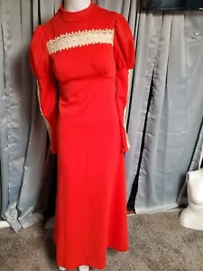 XS 60s 70s Hippie Vtg Boho Groovy Maxi Dress Cut Out Crochet Red Hostess - Picture 1 of 5