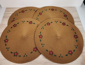 Poinsettia Woven Kitchen Table Placemats Round Christmas Colors Set of 4 EUC 14" - Picture 1 of 5