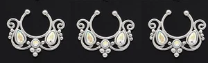 1x Steel CZ Gem Stone Septum Hanger No Piercing Needed Clip On Nose Iridescent - Picture 1 of 2
