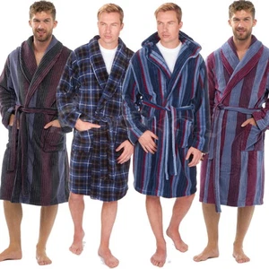 Mens Coral Fleece Super Soft Check / Stripe Dressing Gown Hooded Robe M L XL 2XL - Picture 1 of 19