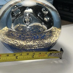 Vintage Glass Paperweight Art Round Clear Mushroom Cloud Blue Gold Orb Heavy - Picture 1 of 9