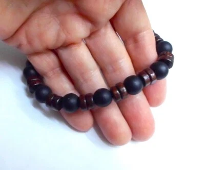 8  MEN'S Matte ONYX& WOOD  BEADED STRETCH BRACELET Faux Drawstring NEW *USA - Image 1 of 4
