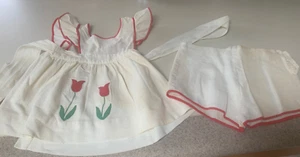 Vtg 1940's Sz 2 Pinafore Dress with Pants Ties Tulip Applique Buttons Waffle Cot - Picture 1 of 8