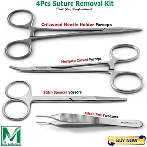 4Pcs Suture Removal Kit Needle Holder Thumb Forceps Scissors Surgical Instrument - Picture 1 of 5