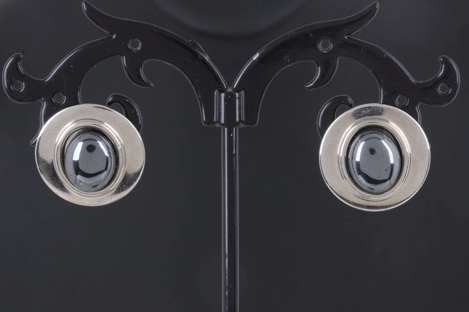 PENDIENTES REDONDOS PIEDRA HEMATITA PLATEADA MODA 4118B Foto 1 de 2