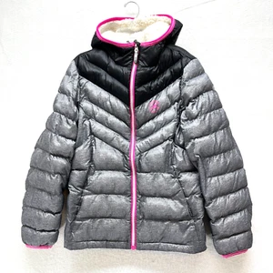 ZeroXposur Puffer Jacket Youth Girls Size L (14) - Gray Black Pink Sherpa Hood - Picture 1 of 11
