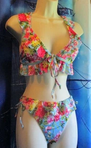 NEW Beach Joy Floral Flutter Ruffles/ Ruched Bum 2-Pc Cottagecore BIKINI Woman L - Picture 1 of 6