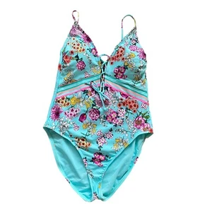 Reaction Kenneth Cole Women's Blue Floral Lace Front Mio One-Piece Swimsuit Sz L - Picture 1 of 11