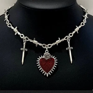 Red Gothic Heart Necklace Barbed Wire Goth Dagger 20" Chain Sword Rose - Picture 1 of 1