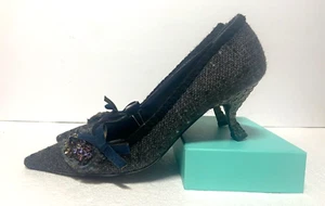 RARE Prada Heeled Mules Gray Bow Purple Rhinestone Embellished Tweed Size 37 7 - Picture 1 of 17