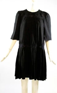 CHLOE 15A Black Embroidered Floral Lace Inset Pleated Boho Peasant Dress FR 40 - Picture 1 of 12
