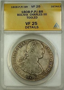 1808-P PJ Bolivia Silver 8 Reales Coin Charles IIII ANACS VF-25 Details Tooled - Picture 1 of 1