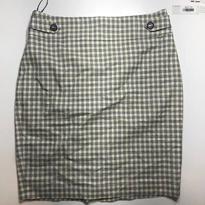 DKNY Skirt Womens Size 14 White Black Yellow Tartan Plaid w/ Button Tab Detail - Picture 1 of 14