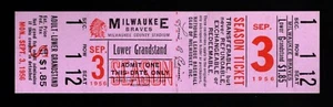 September 3 1956 Henry Aaron hits 3 Home Runs in Doubleheader Full Ticket - Picture 1 of 2