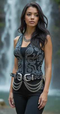 Cinto feminino preto elástico ocidental estampa paisley fivela dupla corrente P M - Imagem 1 de 4