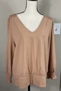 Karl Lagerfeld NEW Women's XL Blouse Stretchy Beige Buttons Long Sleeves - Picture 1 of 8
