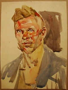 Ukrainian Soviet USSR watercolor Painting impressionism male portrait soldier - Picture 1 of 3