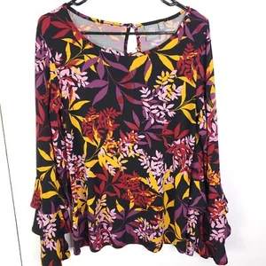 Daisy Fuentes Top Womens M Tiered Bell Sleeves Colorful Artsy Stretchy Liquid - Picture 1 of 9