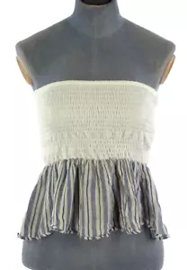 Pull Bear Top Bandeau White Blouse Ruffle Striped Contrast Trim Shirred Peplum S - Picture 1 of 9