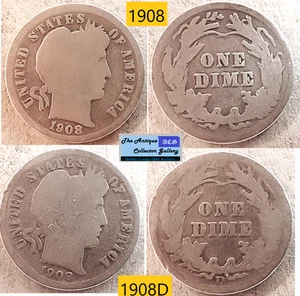 Antik 1908 P&D⌛US Mint Silber Barber Dimes🪙Wie abgebildet🪙 - Bild 1 von 6