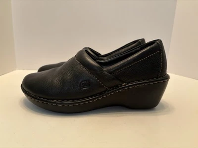 Zuecos Born para mujer talla 8 39 Toby sin cordones de cuero negro granulado cuña excelente Foto 1 de 4