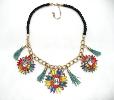 Multicolor Acrylic Chunky Statement Crystal Leather Tassel Women Cord Necklace - Image 1 of 4