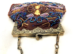Vintage Antique Beaded Fringe Floral Decorated Purse Silver Frame Evening Bag - Picture 1 of 6