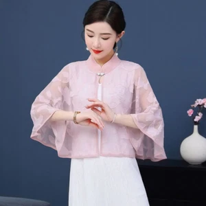 Women Chiffon Shrug Bolero Cape Floral Qipao Capelet Sheer Coat Jacket Cardigan - Picture 1 of 21