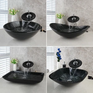 Black Tempered Glass Bathroom Basin Bowl Container Vessel With Mixer Sink Taps - Picture 1 of 32