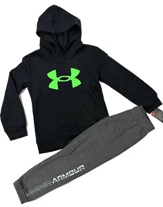 Under Armour NWT Boys Size 6 Sweat Outfit Pull Over Hoodie Jogger Black Green - Picture 1 of 6